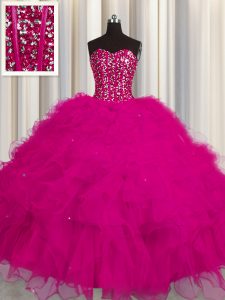 Luxurious Visible Boning Fuchsia Tulle Lace Up 15 Quinceanera Dress Sleeveless Floor Length Beading and Ruffles and Sequins