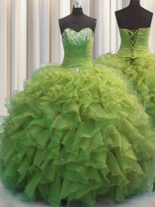 Custom Made Beaded Bust Organza Sweetheart Sleeveless Lace Up Beading and Ruffles Sweet 16 Dress in Olive Green
