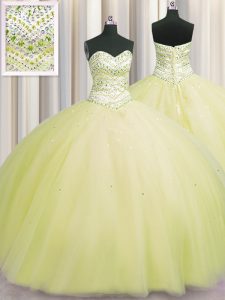 Glittering Bling-bling Puffy Skirt Light Yellow Ball Gowns Sweetheart Sleeveless Tulle Floor Length Lace Up Beading 15 Quinceanera Dress