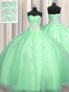 Puffy Skirt Sweetheart Sleeveless Sweet 16 Dresses Floor Length Beading and Appliques Apple Green Organza