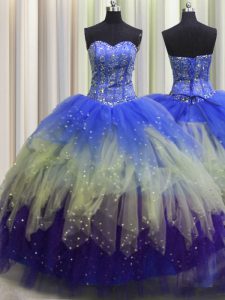 Smart Visible Boning Multi-color Ball Gowns Sweetheart Sleeveless Tulle Floor Length Lace Up Beading and Ruffles and Sequins Sweet 16 Dress