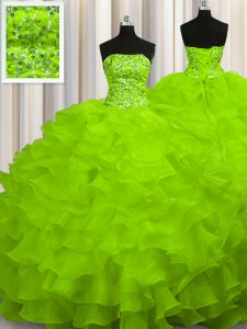 Most Popular Sleeveless Organza Sweep Train Lace Up Quinceanera Dresses for Military Ball and Sweet 16 and Quinceanera