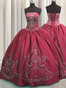 Beading and Embroidery Quinceanera Gown Coral Red Lace Up Sleeveless Floor Length