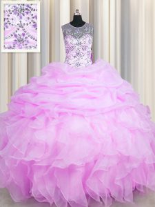 See Through Lilac Scoop Lace Up Beading and Ruffles and Pick Ups Quinceanera Dress Sleeveless