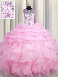 See Through Pick Ups Floor Length Ball Gowns Sleeveless Rose Pink 15 Quinceanera Dress Lace Up