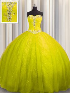Custom Fit Court Train Ball Gowns 15 Quinceanera Dress Yellow Sweetheart Tulle and Sequined Sleeveless Lace Up