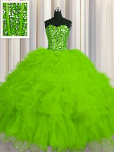 Hot Sale Visible Boning Sleeveless Beading and Ruffles and Sequins Lace Up Quinceanera Dresses
