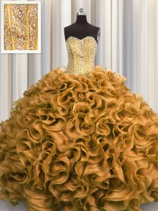 Visible Boning Gold Ball Gown Prom Dress Military Ball and Sweet 16 and Quinceanera and For with Beading and Ruffles Sweetheart Sleeveless Lace Up