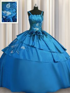 Pretty Embroidery Floor Length Ball Gowns Sleeveless Teal Vestidos de Quinceanera Lace Up