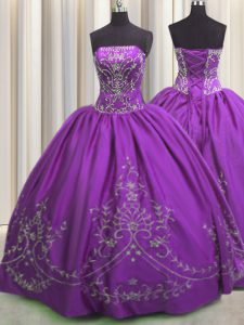 Eggplant Purple Sleeveless Floor Length Embroidery Lace Up Sweet 16 Quinceanera Dress