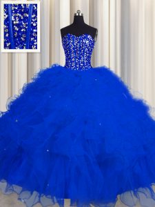 Custom Made Visible Boning Royal Blue Ball Gowns Sweetheart Sleeveless Tulle Floor Length Lace Up Beading and Ruffles and Sequins Sweet 16 Dress