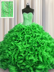 Suitable Visible Boning Green Lace Up Quinceanera Dresses Beading and Ruffles Sleeveless Floor Length