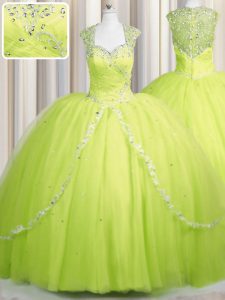 Most Popular Zipper Up Tulle Cap Sleeves With Train Party Dress Brush Train and Beading and Appliques