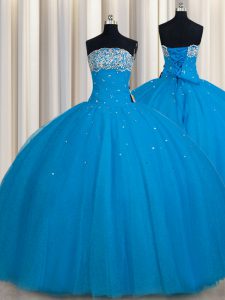 Modern Really Puffy Tulle Strapless Sleeveless Lace Up Beading and Sequins 15th Birthday Dress in Teal
