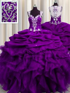 See Through Back Purple Zipper Straps Beading and Ruffles and Sequins and Pick Ups Quince Ball Gowns Organza Sleeveless
