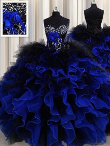 Custom Made Blue And Black Sweetheart Neckline Beading and Ruffles Sweet 16 Dress Sleeveless Lace Up