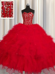 Visible Boning Floor Length Red Ball Gown Prom Dress Tulle Sleeveless Beading and Ruffles and Sequins