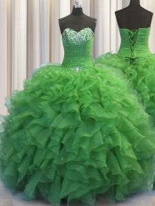 Beaded Bust Green Sweetheart Lace Up Beading and Ruffles Sweet 16 Dresses Sleeveless