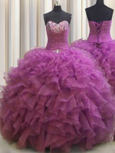 Beaded Bust Sleeveless Organza Floor Length Lace Up 15 Quinceanera Dress in Fuchsia with Beading and Ruffles