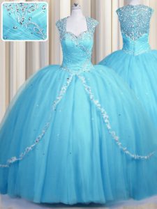 Wonderful See Through Brush Train Baby Blue Cap Sleeves With Train Beading and Appliques Zipper Vestidos de Quinceanera