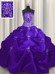 Fashionable Floor Length Lace Up Quinceanera Dress Purple for Military Ball and Sweet 16 and Quinceanera with Beading and Appliques and Embroidery