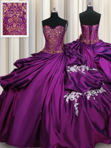 Purple Sleeveless Floor Length Beading and Appliques Lace Up Quince Ball Gowns