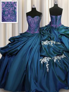 Fine Teal Lace Up Sweetheart Beading and Appliques Sweet 16 Quinceanera Dress Taffeta Sleeveless