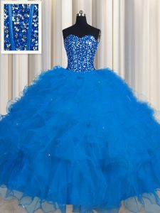 Ideal Visible Boning Sleeveless Tulle Floor Length Lace Up Quince Ball Gowns in Blue with Beading and Ruffles and Sequins