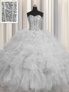 Modern Visible Boning Floor Length Grey Quinceanera Dress Sweetheart Sleeveless Lace Up