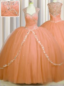 Fantastic See Through Back Sweetheart Cap Sleeves Sweet 16 Dresses With Brush Train Beading and Appliques Orange Tulle