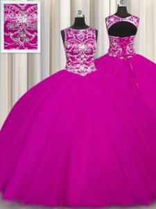 Edgy Fuchsia Tulle Lace Up Scoop Sleeveless Floor Length Sweet 16 Dress Beading and Appliques