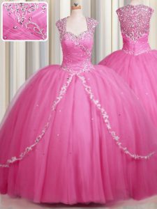 Adorable Zipper Up Rose Pink Cap Sleeves Brush Train Beading and Appliques With Train Sweet 16 Dresses