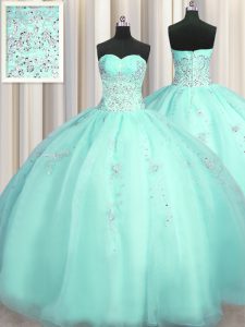 Unique Really Puffy Beading and Appliques Vestidos de Quinceanera Turquoise Zipper Sleeveless Floor Length