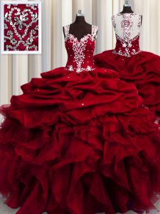 Nice See Through Straps Sleeveless Quinceanera Gowns Floor Length Beading and Ruffles and Sequins Wine Red Organza