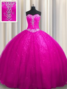 Exquisite Fuchsia Sleeveless Tulle and Sequined Court Train Lace Up Sweet 16 Dress for Military Ball and Sweet 16 and Quinceanera