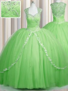See Through Cap Sleeves Tulle Brush Train Zipper Vestidos de Quinceanera for Military Ball and Sweet 16 and Quinceanera