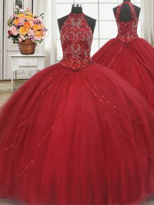 Delicate Halter Top Sleeveless Court Train Lace Up Quinceanera Gowns Red Tulle