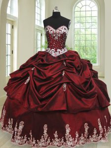 Shining Wine Red Ball Gowns Beading and Appliques and Pick Ups 15 Quinceanera Dress Lace Up Taffeta Sleeveless Floor Length