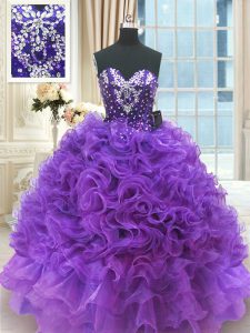 Fitting Floor Length Purple 15 Quinceanera Dress Organza Sleeveless Beading and Ruffles