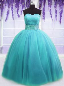 Beautiful Blue Lace Up Vestidos de Quinceanera Belt Sleeveless Floor Length