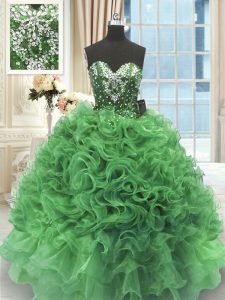 Custom Design Green Lace Up Vestidos de Quinceanera Beading and Ruffles Sleeveless Floor Length