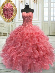 Low Price Organza Sleeveless Floor Length 15 Quinceanera Dress and Beading and Ruffles
