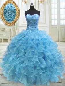 Affordable Baby Blue Ball Gowns Sweetheart Sleeveless Organza Floor Length Lace Up Beading and Ruffles Quinceanera Dress