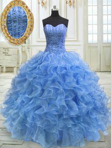 Modest Sleeveless Floor Length Beading and Ruffles Lace Up Vestidos de Quinceanera with Baby Blue