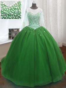 Organza Scoop Long Sleeves Sweep Train Lace Up Beading and Sequins Quince Ball Gowns in Green