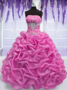 Captivating Floor Length Rose Pink 15th Birthday Dress Strapless Sleeveless Lace Up