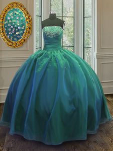Sleeveless Organza and Taffeta Floor Length Lace Up Quinceanera Dresses in Teal with Sequins