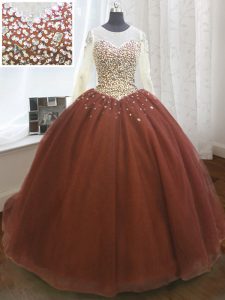 Sequins Scoop Long Sleeves Sweep Train Lace Up Ball Gown Prom Dress Burgundy Organza