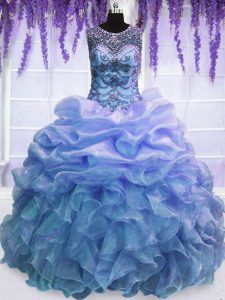 Scoop Floor Length Lace Up Quinceanera Dresses Blue for Military Ball and Sweet 16 and Quinceanera with Beading and Ruffles