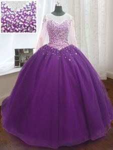 Top Selling Sequins Purple 15th Birthday Dress Scoop Long Sleeves Sweep Train Lace Up